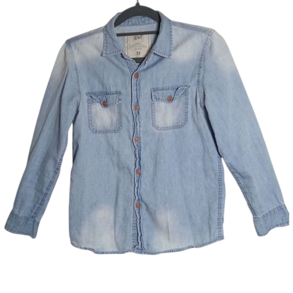 Kids Light Blue Denim Button-Up Shirt Sz 12 - Picture 1 of 4